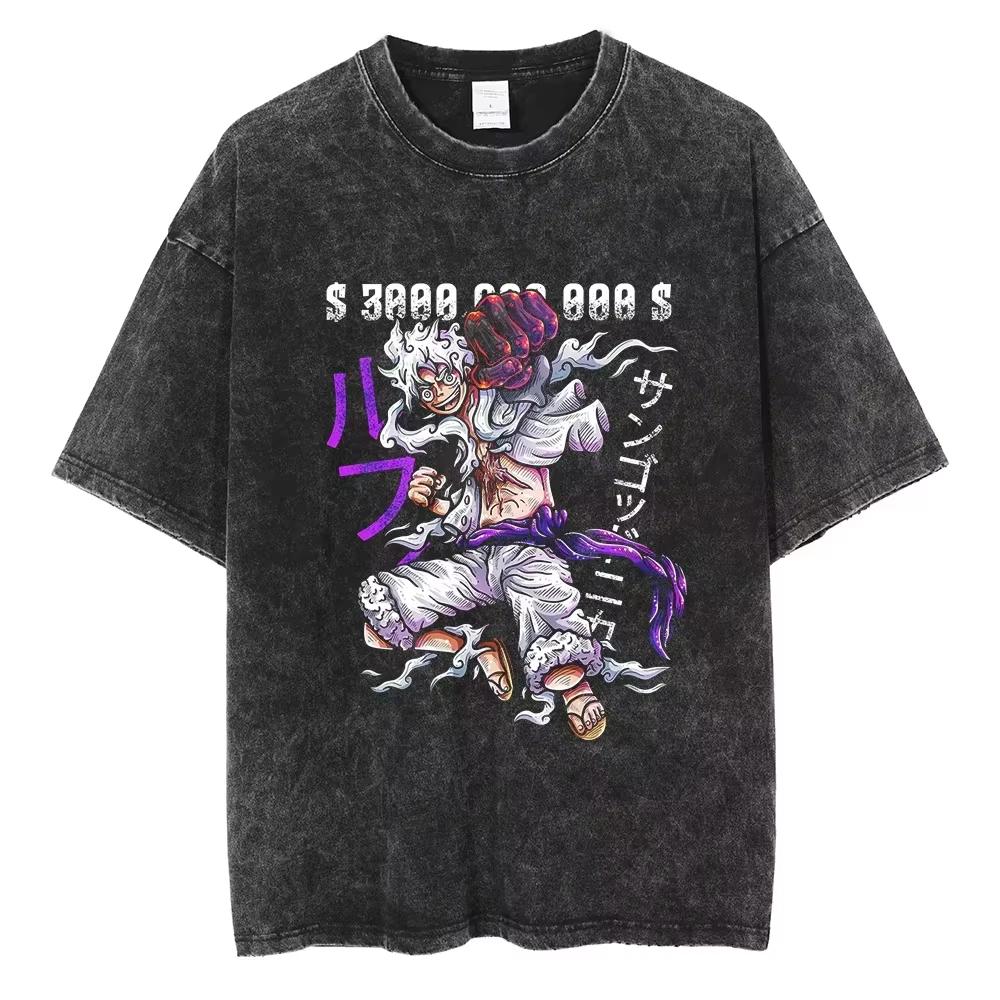Nika Luffy Gear  ONE PIECE Anime Harajuku Retro Washed Tshirt  Cotton Men Streetwear Women Short Sleeves Unisex Top