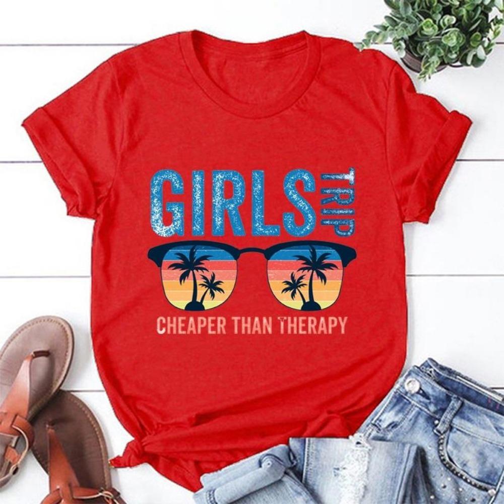 Mädelsausflug Billiger als Therapie T-Shirts für Frauen Sommer Lässig Rundhals Kurzarm T-Shirt Damenmode Urlaubs-T-Shirt Top