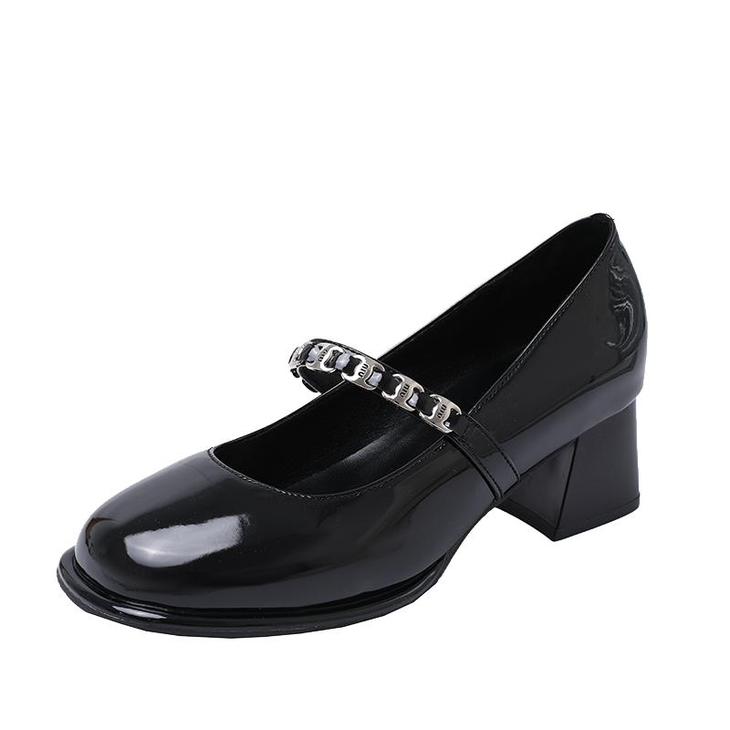 Fashion Metal Buckle One Strap Square Heel Single Shoes New Round Toe Shallow Mouth Mary Jane Shoes for Autumn
