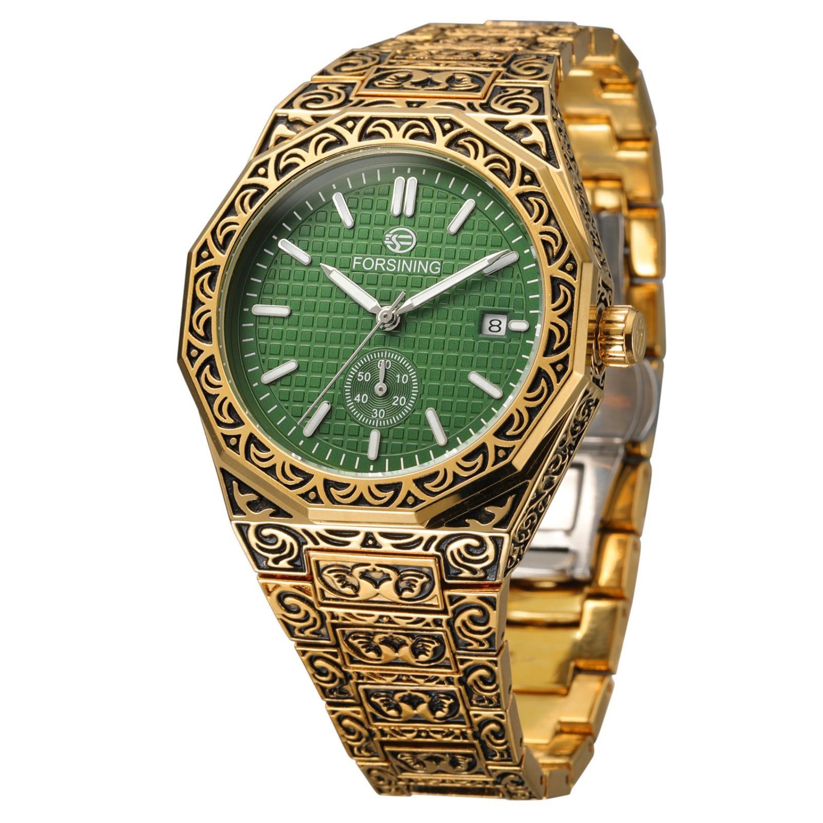 

FORSINING Business Waterproof Luminous Auto Date Wristwatch Stainless Steel Relief Engraved Men s Automatic Mechanical Watches Irregular Case золотой/зелёный