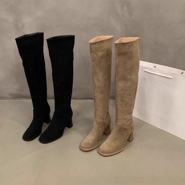 High-heeled suede square head stacked long boots women's boots 2025 new autumn and winter thin but knee high boots