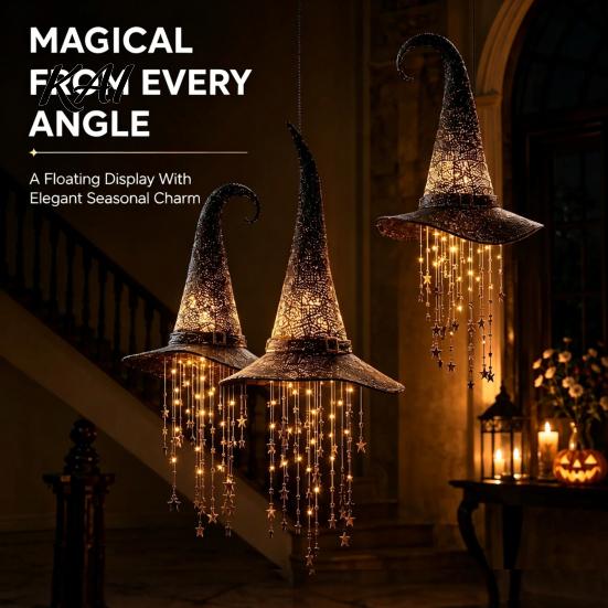 Indoor Halloween Hanging Ornaments Lighted Witch Hat Chime, LED Glowing Wizard with for Party Swinging Star Tassels, Outdoor Porch Ceiling Decorations