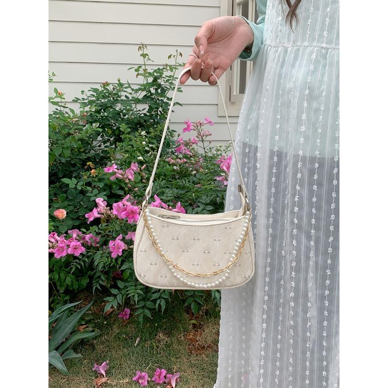 JMG Bags Roze Vlinder Baguette Dames Parel Metalen Ketting Diamant Ruit Onderarmtas Casual Schouder Crossbody Tas
