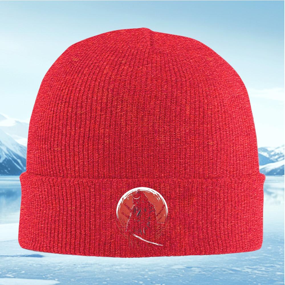 Samurai swordsman red moon katana Men Women Unisex Knitted Hat Beanie Pullover Cap Winter Thermal Warm Christmas Outdoor Cycling