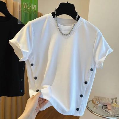 Summer Button Split O-neck T-shirts Short Sleeve Loose Shirt Fashion High Waist White Women Tops