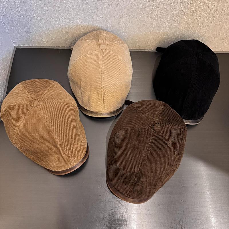 American Retro Solid Color Corduroy PU Forward Hat Autumn and Winter Men and Women Simple Street Versatile Duckbill Beret Tide