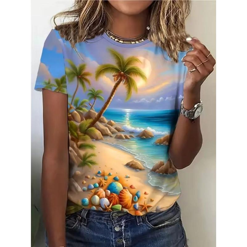 Women's Creative Short Sleeved T-shirt Fashionable Colorful Beach Ocean Print Comfortable Loose Round Neck T-shirt