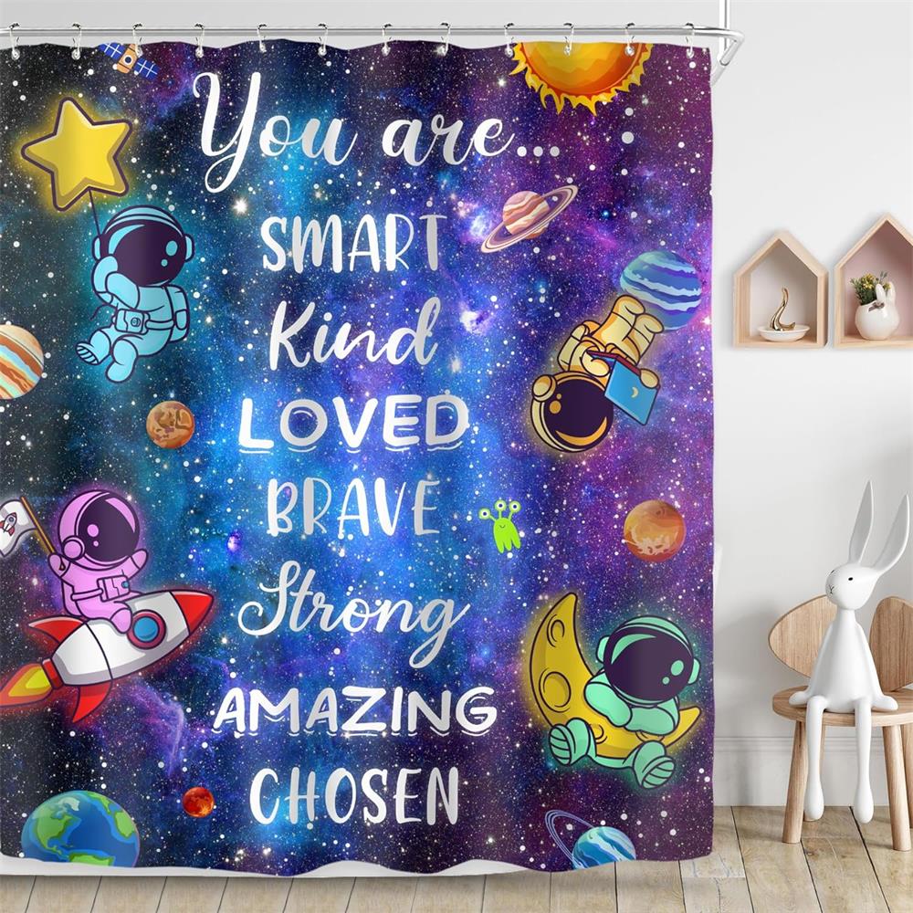 Kids Outer Space Funny Shower Curtains Astronaut Quotes Cartoon Galaxy Planets Child Cute Rocket Art Printed Home Bathroom Decor