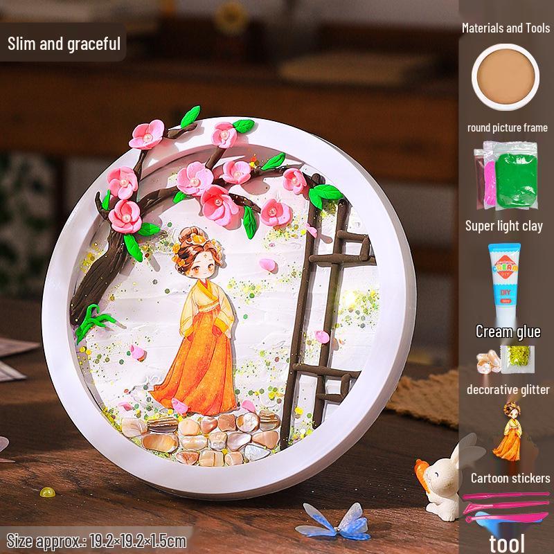 DIY Craft Kit: Textured Painting with Clay, Cream Glue, Round Plate & Photo Frame for Kids' Creative Gifts