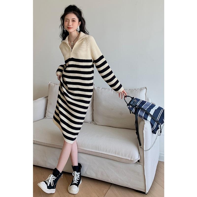 Premium Temperament Celebrity Fashion Knitted Long-sleeved Sweater Sweater Medium and Long Dress