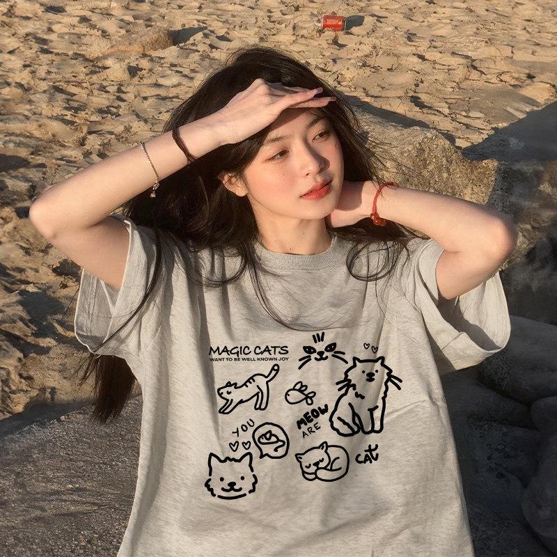 Korean Style Plus Size Cartoon Print Short Sleeve Women's Summer Loose Fit T-shirt