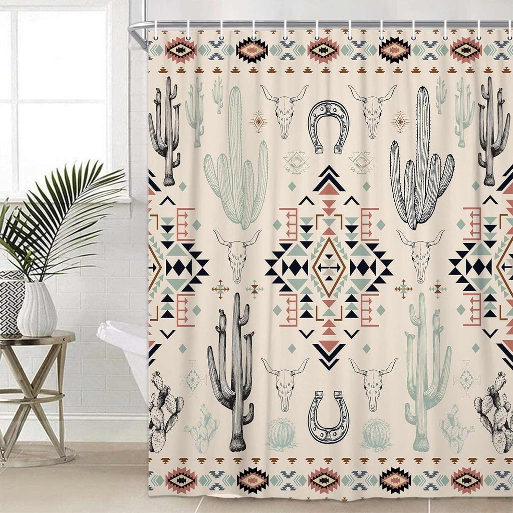 Western Shower Curtain,Abstract Aztec Geometric Southwestern Cactu Skull Bull Bath Accessories Decor, Navajo Native Shower