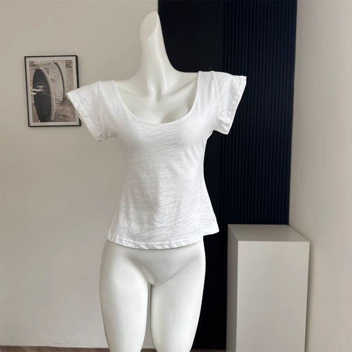 Różowy Bawełniany T-shirt Damski z Krótkim Rękawem z Dekoltem U - Letni Styl Koreański