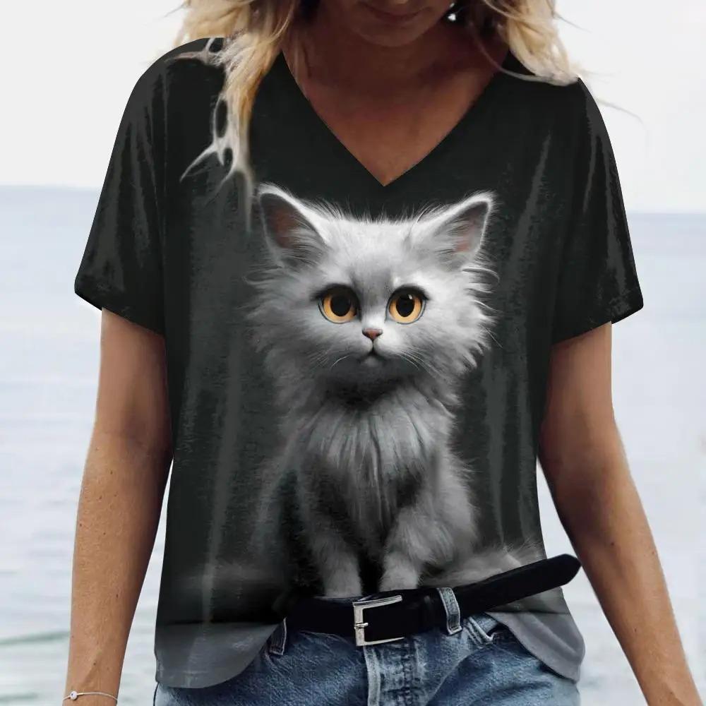 T-Shirts Women's Fashion T-Shirt Cat Print Casual Comfort Short Sleeve Crew Neck Pullover Clothing