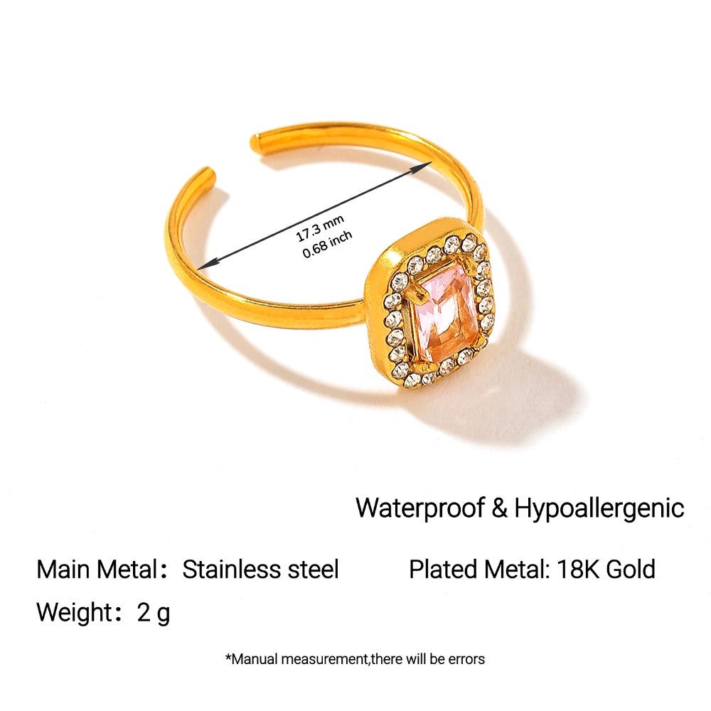 18K Gold-Plated Stainless Steel Pink Zirconium Square Ring for Women