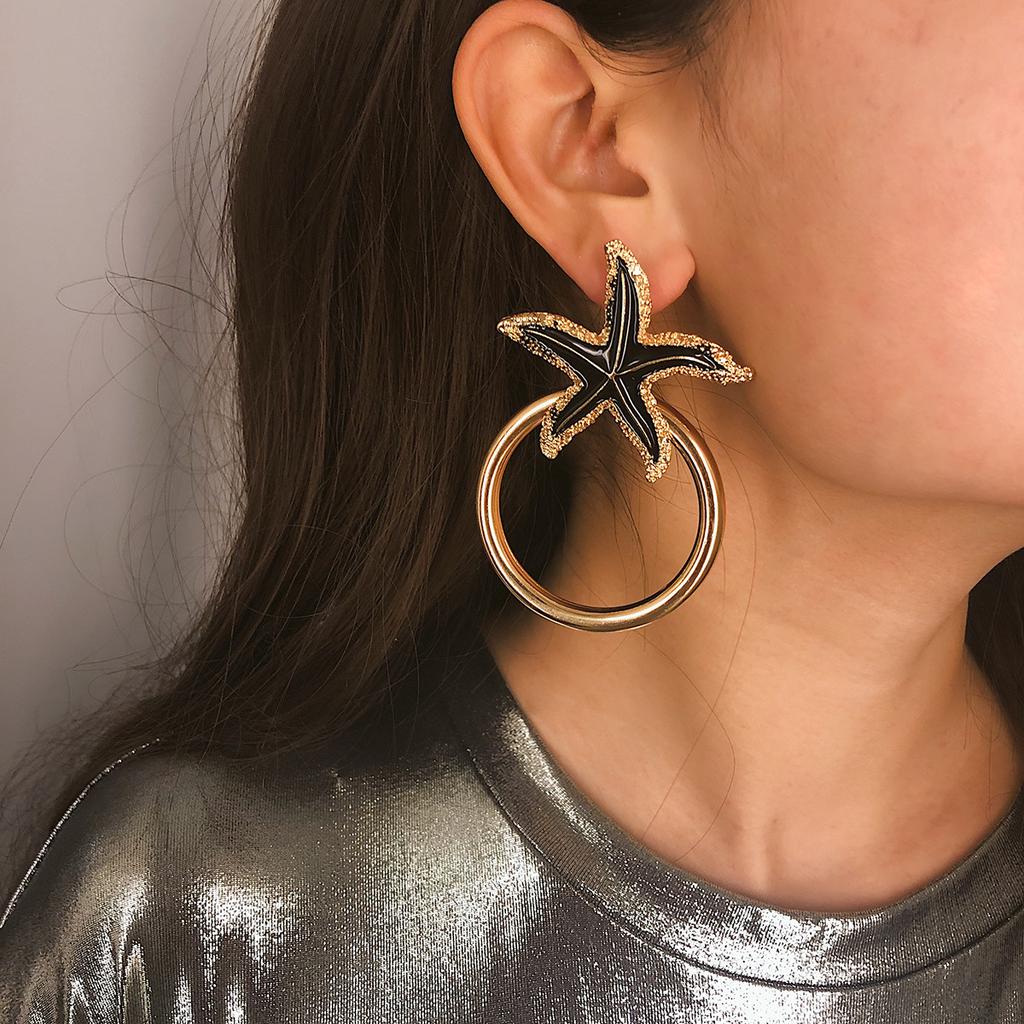 Women Simple Retro Geometric Starfish Ring Shape Earrings