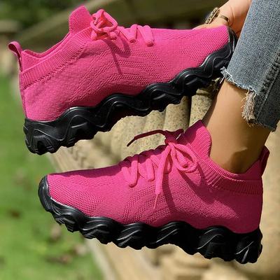 Fashion Rose Red Mesh Flat Vulcanize Shoes Women Summer Comfort Breathable Soft Sole Sneakers Plus Size Thick Sole Non Slip Casual Shoes