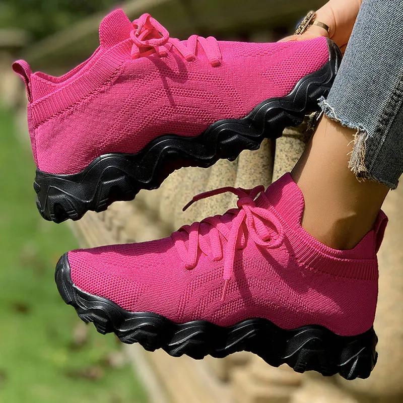 Fashion Rose Red Mesh Flat Vulcanize Shoes Women Summer Comfort Breathable Soft Sole Sneakers Plus Size Thick Sole Non Slip Casual Shoes