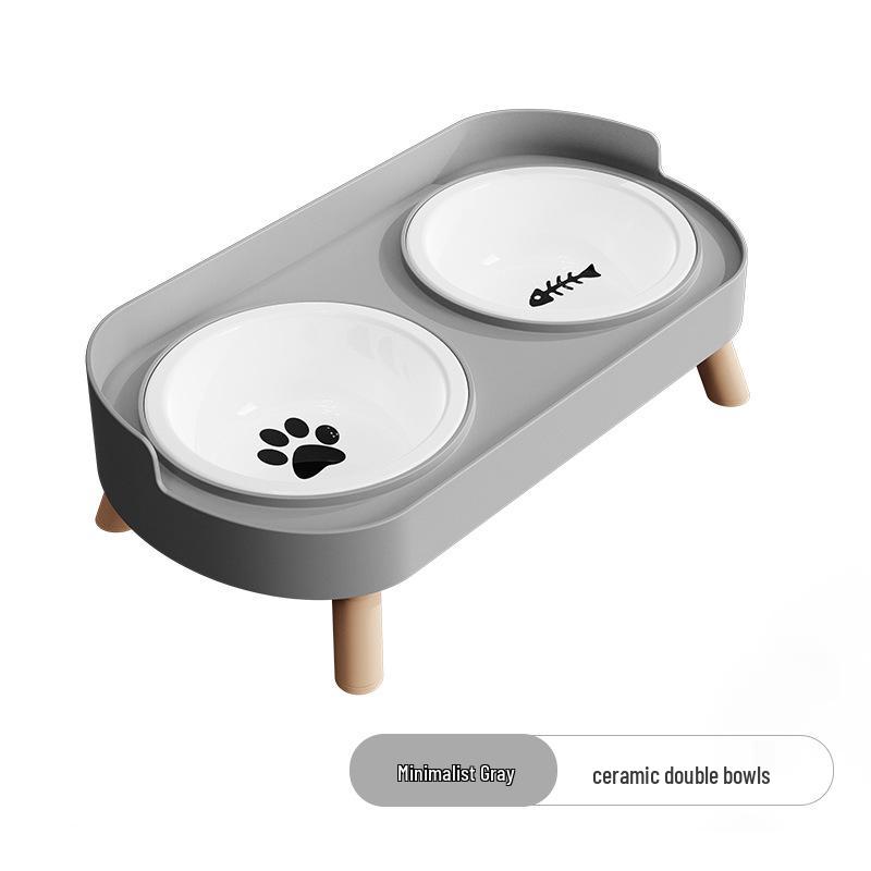 Cross-Border Stainless Steel & Ceramic Dual Cat & Dog Bowl: Anti-Tip, Splash-Proof, Neck Protection Design for Food & Water.