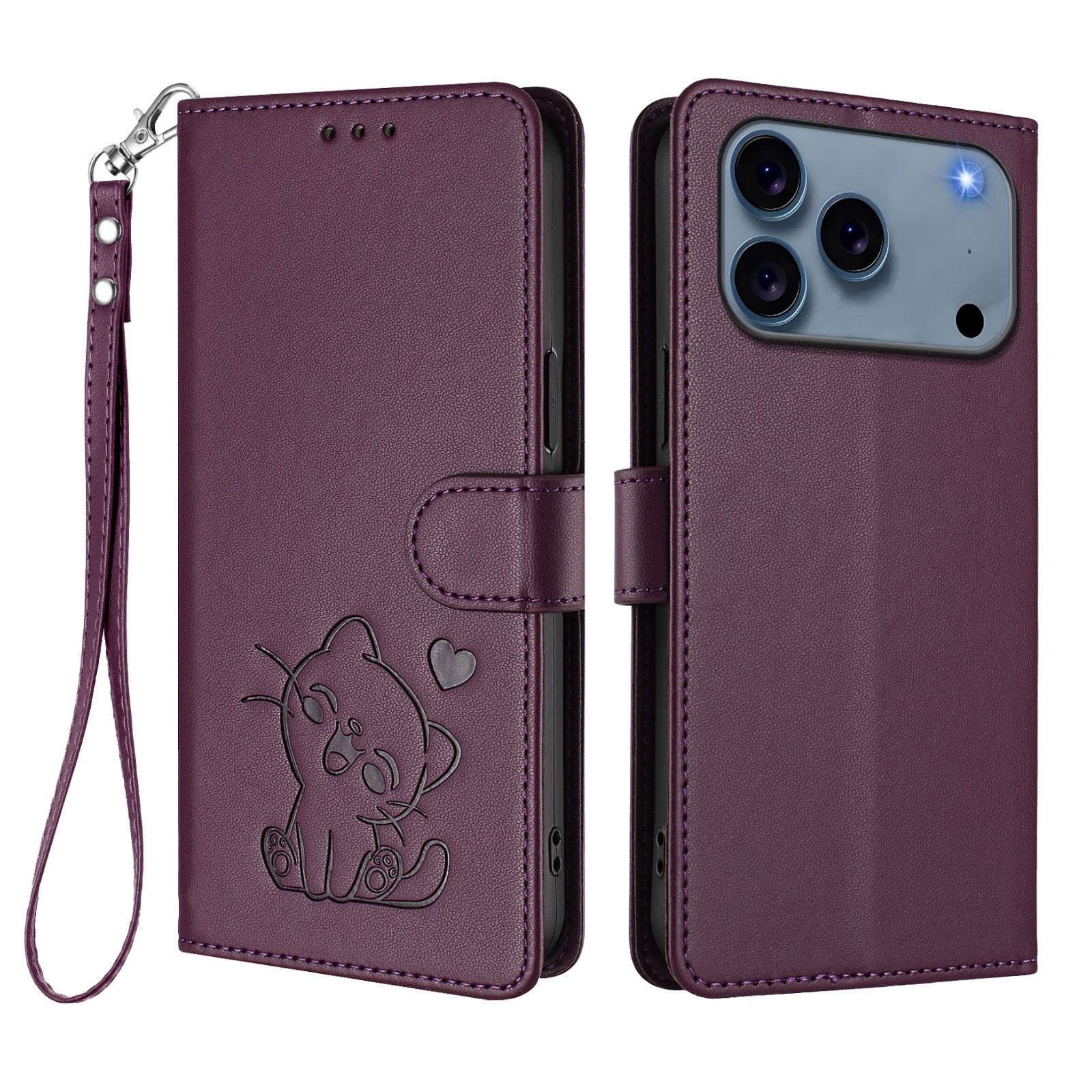 

For iPhone 17 Pro Max Wallet Case with Wrist Strap Love Cat Pattern Imprint Leather Phone Cover