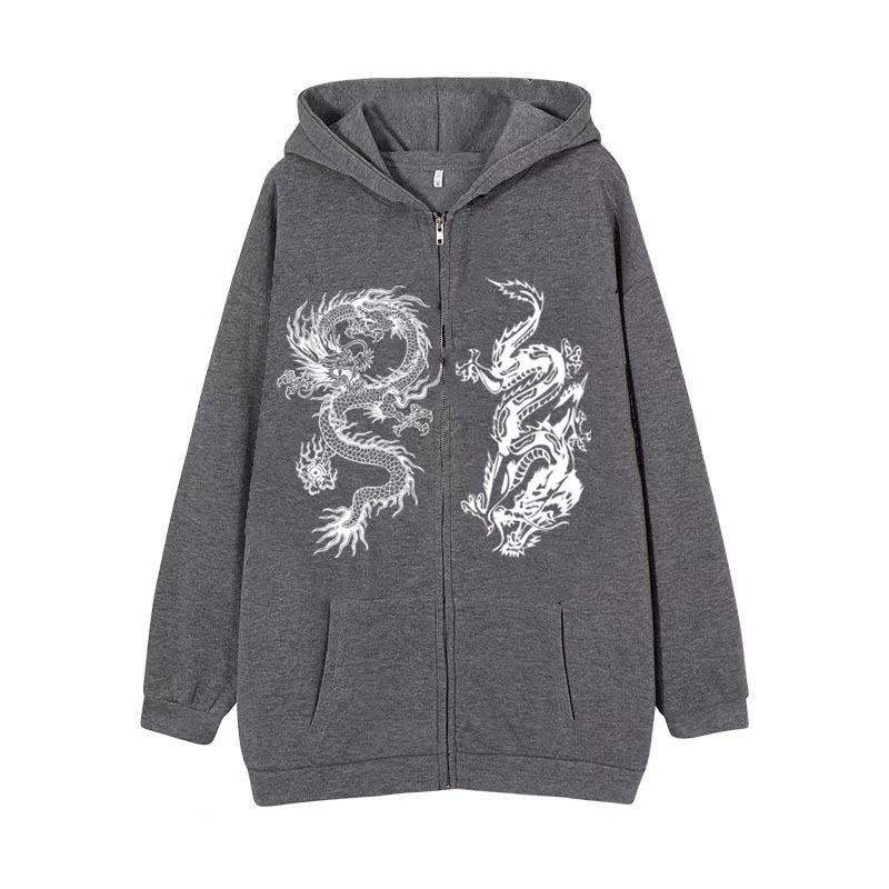 Women's Dragon Print Zipper Hoodie, 2025 European & American Trendy Loose Fleece Jacket