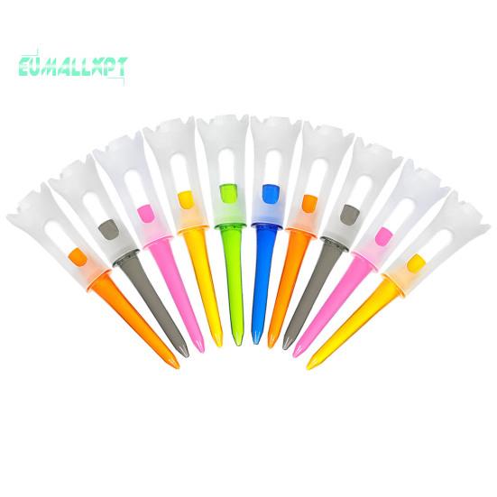 

10 шт. пластиковые футболки для гольфа — конструкция с четырьмя головками, профессиональные сервировочные штифты с уменьшенным трением, 83 мм, разноцветные, короткие футболки 10 pcs