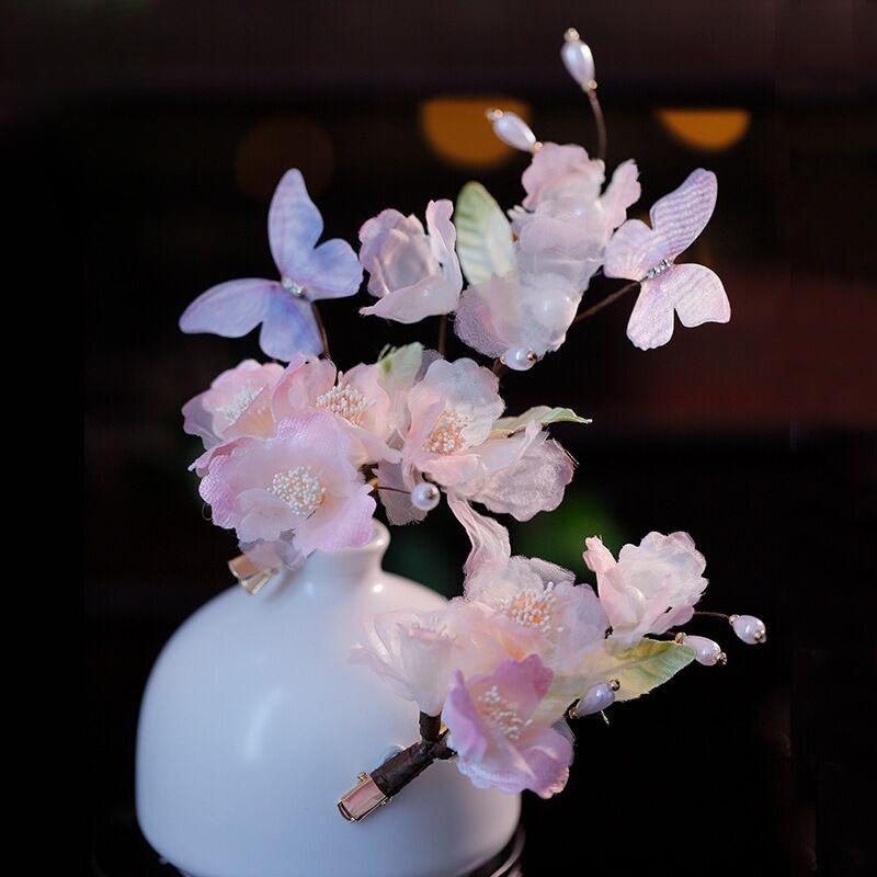 Pink Hanfu Hair Accessories Women's Full Set of Hairpins Tassel Back Pressure Ancient Cherry Blossom Hairpin Tang Mask Hairpin Headdress