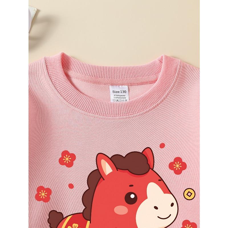 Kids Sweatshirt Crewneck Sweatshirt Red Horse with Golden Flowers And Clouds Machine Washable, Spring And Autumn
