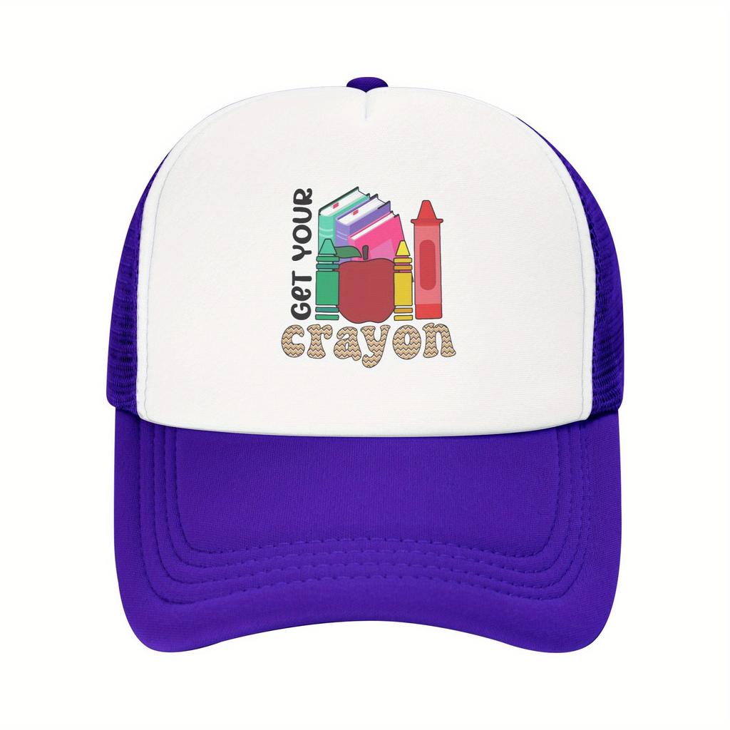 Get Your Crayon Teacher Books Graphic Trucker Hat Mesh Back Baseball Cap Casual School Headwear