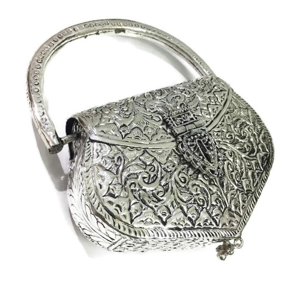 Damen Messing Metall Ethno Clutch Henkeltasche (Silber)