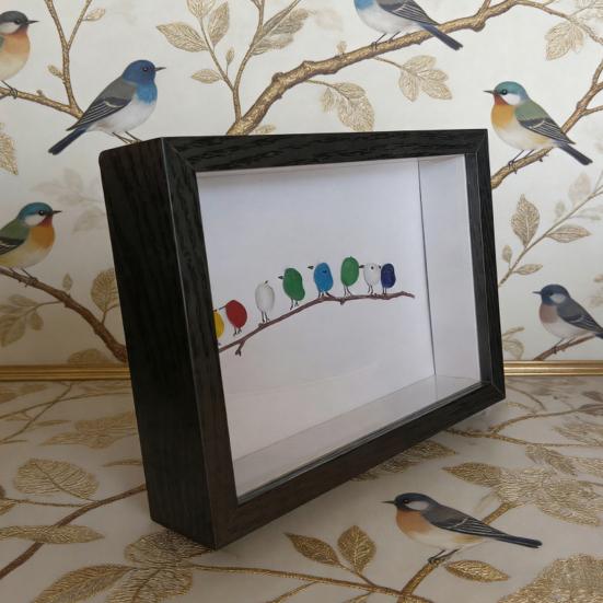 Sea Glass Art Photo Frame Home Decor with Handmade Sea Glass Birds in Black Wooden Frame Framed Sea Glass Bird Branch Ornaments