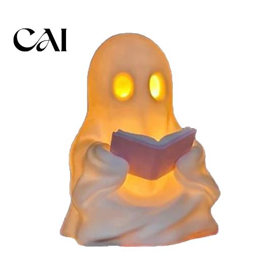 Halloween Room Decor Cute Ghost Reading Book Lamp, Lighted Figurine with Warm LED Ornament Light, Night Light for Mantel Shelf Table Indoor