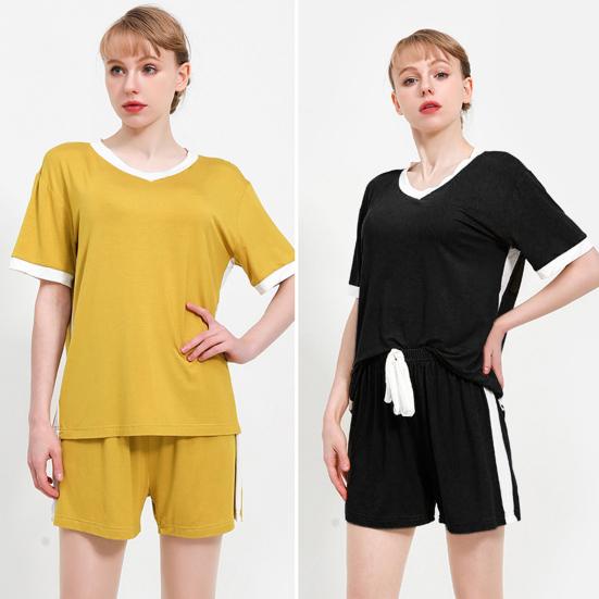 

2 шт./компл. женский пижамный комплект контрастного цвета с v-образным вырезом, свободный пуловер с эластичной резинкой на талии, повседневная женская одежда на шнуровке для сна