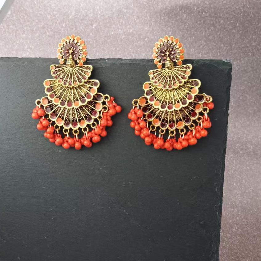 Indian Painted Peacock Feather Beaded Tassel Earrings Bohemian Fashion Colorful Handmade Beaded Earrings for Women