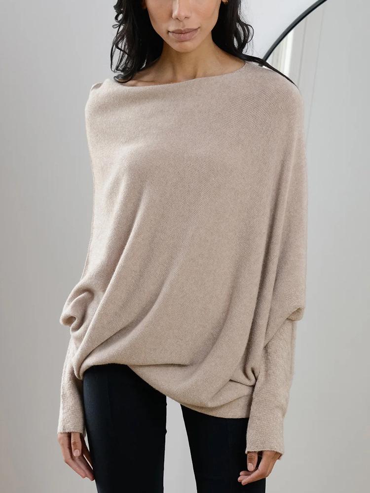 Solid Color Round Neck Ruched Pullover - European & American Style, Long Sleeve, Comfortable Knit