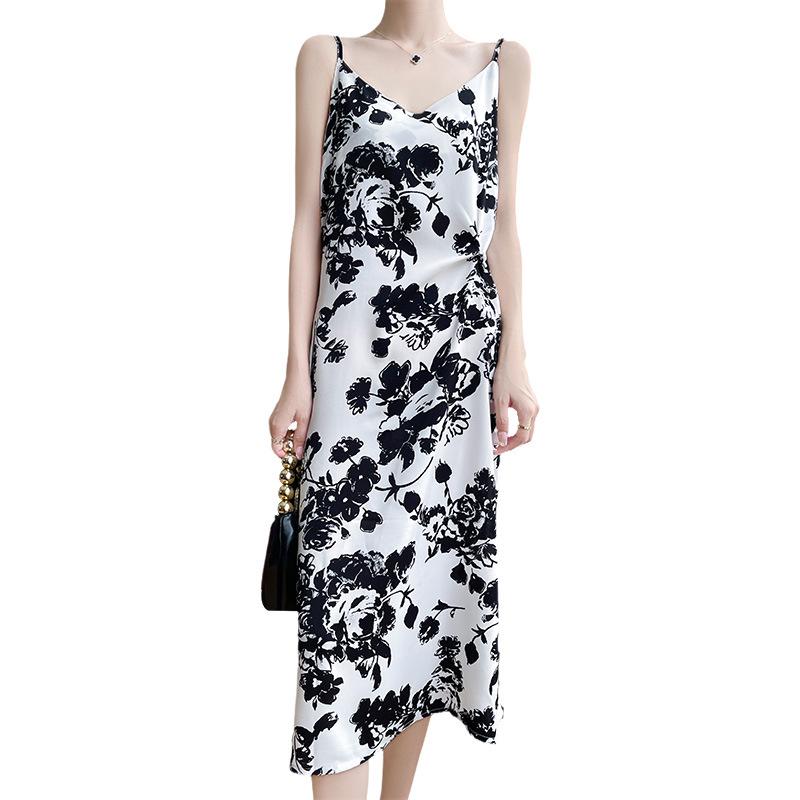 Women's Summer V-Neck Floral Acetate Satin Camisole Dress - Hip-Hugging Over-the-Knee Design
