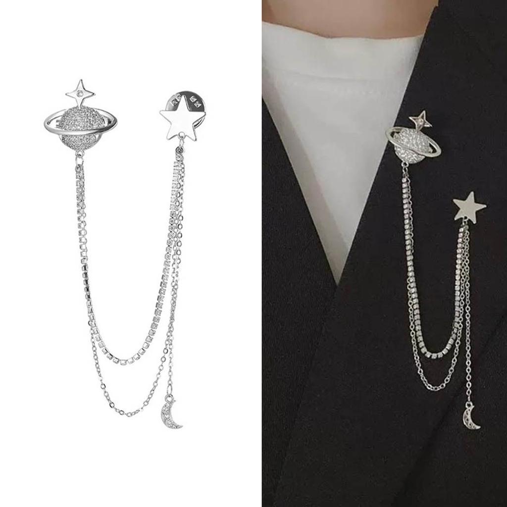 Sophisticated Crystal Moon Planet Lapel Pin Adornment for Men Rhinestone Collar Accessory with Hanging Chain Brooch