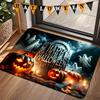 1pc Tombstone Pumpkin Candle Printed Doormat, Halloween Themed Decorative Foot Mat, Flannel Material, Thick Plush - Sponge Thickness 1.02 Cm, Non-Slip