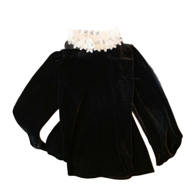 Slimming Velvet Lace Top with 3D Floral Design - Women's Spring Long Sleeve