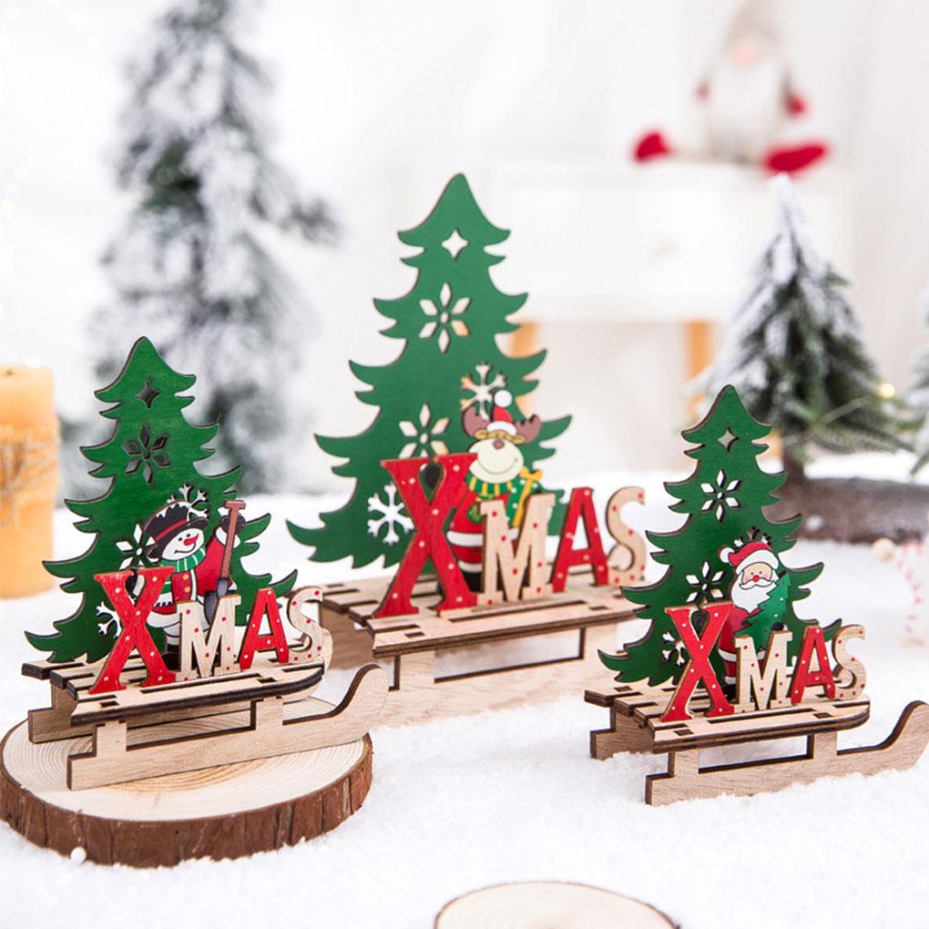 Christmas Assembled Ornament DIY Handmade Sleigh Wooden Craft Xmas Table Decoration Small Snowman