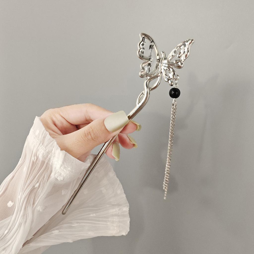 New Chinese Style National Style Temperament Butterfly Pearl Curved Moon Tassel Ancient Style Hairpin Senior Sense of Simple Coiled Hairpin Children