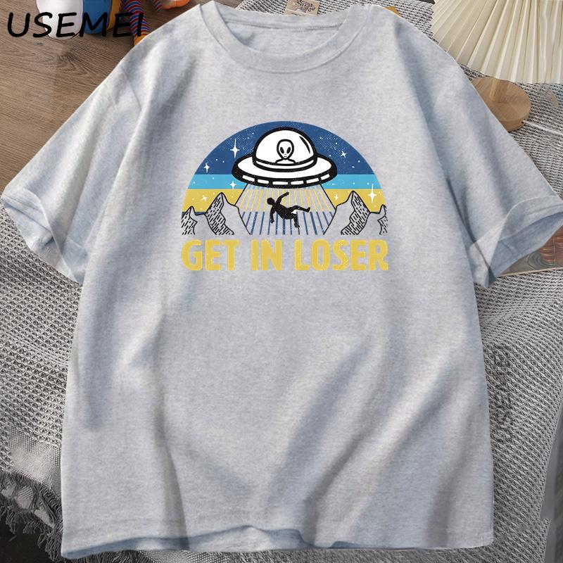 

Get in Loser Funny Alien UFO T Shirt for Men Harajuku Oversize Tees Cotton Fashion Streetwear Unisex Tops Man Clothing XXXL сірий