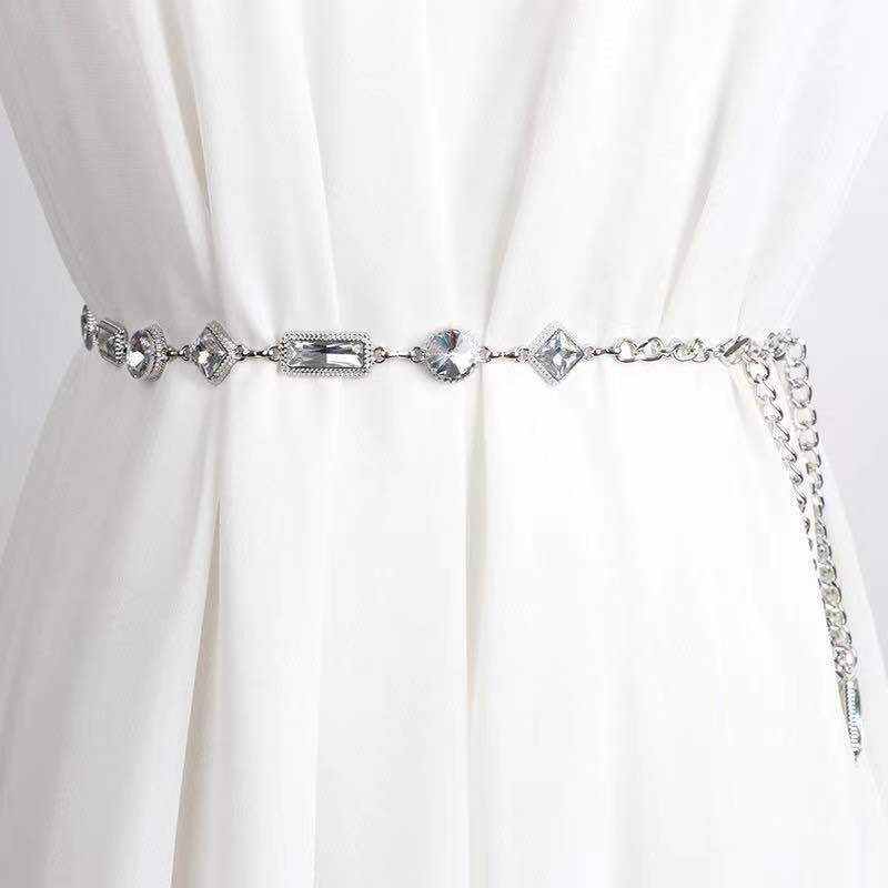 Xiaoxiang Fengshui Rhinestone Waist Chain Accessories Women's Decoration Silver Metal Chain Trendy Belt Diamond Dress Sweater Chain