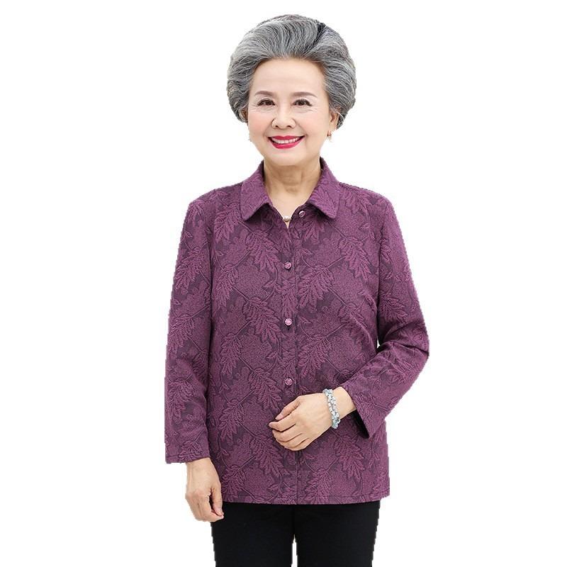 Spring and Autumn Shirts for Middle-aged and Elderly Women with Lapels and Old Ladies' Tops Long-sleeved Shirts