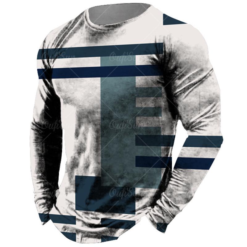 Round Neck 3D Irregular Color Matching Printed Top Fashionable Casual Long Sleeved Men's T-shirts