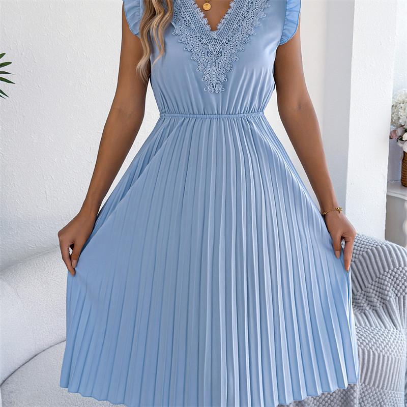 2026 Spring/Summer Women's Lace V-neck Black Ear Edge Waist Pleated Dress S-XL