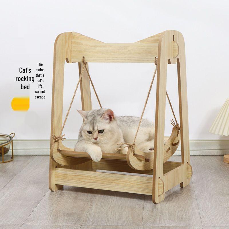 Wooden Rocking Cradle Cat Hammock - Anti-Tip Swing for Pets