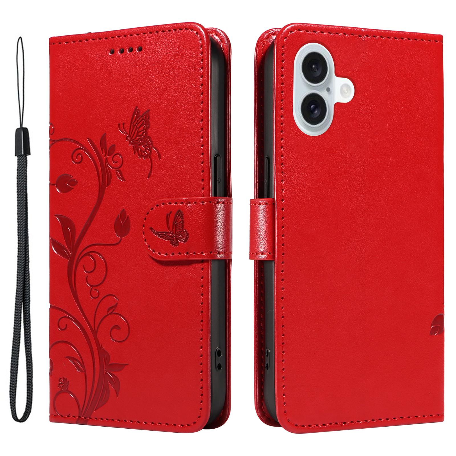 

For iPhone 16 Plus PU Leather Cases Flower Pattern Wallet Stand Phone Cover with Strap Red