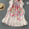 Spring Autumn Women Vintage Print Lace-up Collar Single Breasted Long Maxi Holiday Party Dresses with Belt