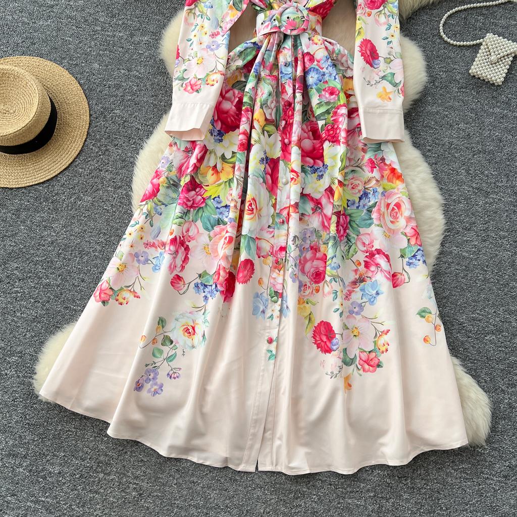 Spring Autumn Women Vintage Print Lace-up Collar Single Breasted Long Maxi Holiday Party Dresses with Belt